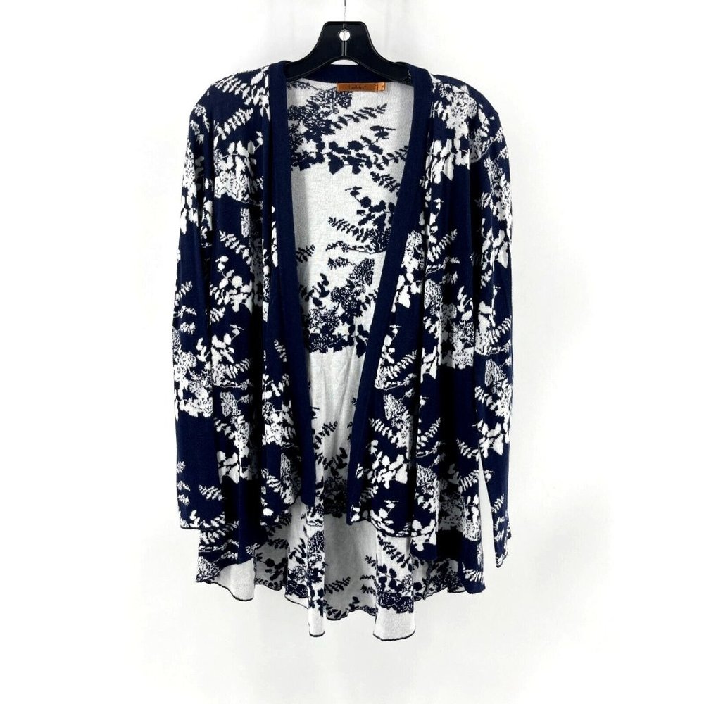 Belldini Women's Blue White Floral Long Sleeve Open Cardigan Knit Sweater Size M